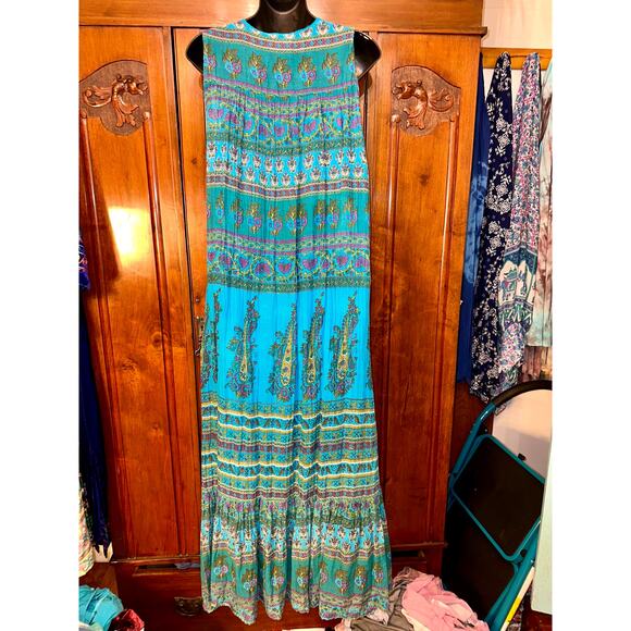 NWOT TURQUOISE SLEEVELESS BLOCK PRINT HIPPIE BOHO MAXI DRESS COTTON GAUZE - Picture 3 of 11